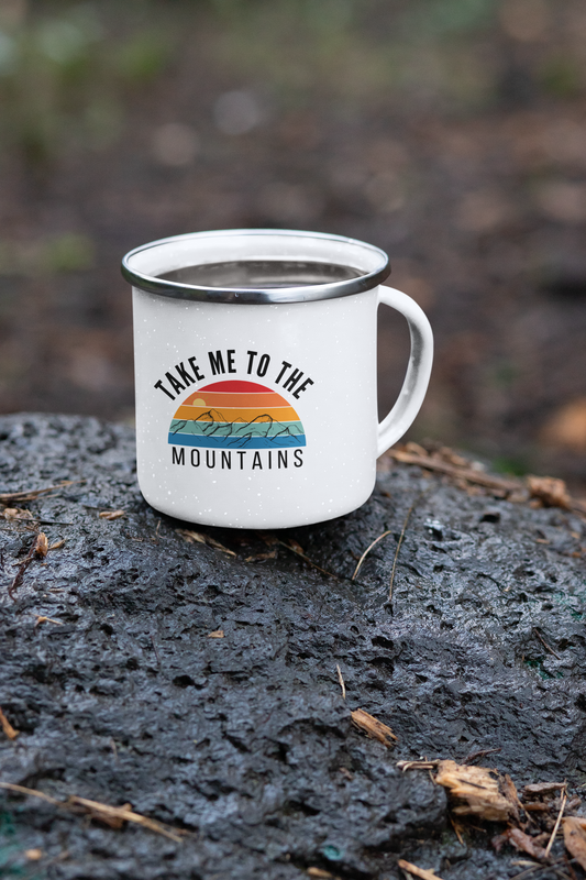 Enamel Camping Mug — "Take Me to the Mountains" Retro Sunset Adventure Cup